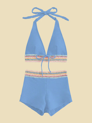 Backless Textured Halter Neck Two-Piece Swim Set