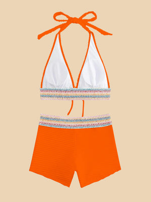 Backless Textured Halter Neck Two-Piece Swim Set